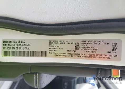 2022 Jeep Grand Cherokee L Overland z USA, uszkodzony, nr VIN 1C4RJKDG8N8513609